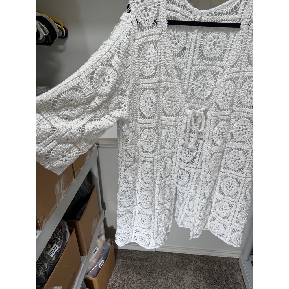 Unbranded Crochet Cardigan Womens XL White Granny Square Cottagecore Beach - Picture 3 of 7